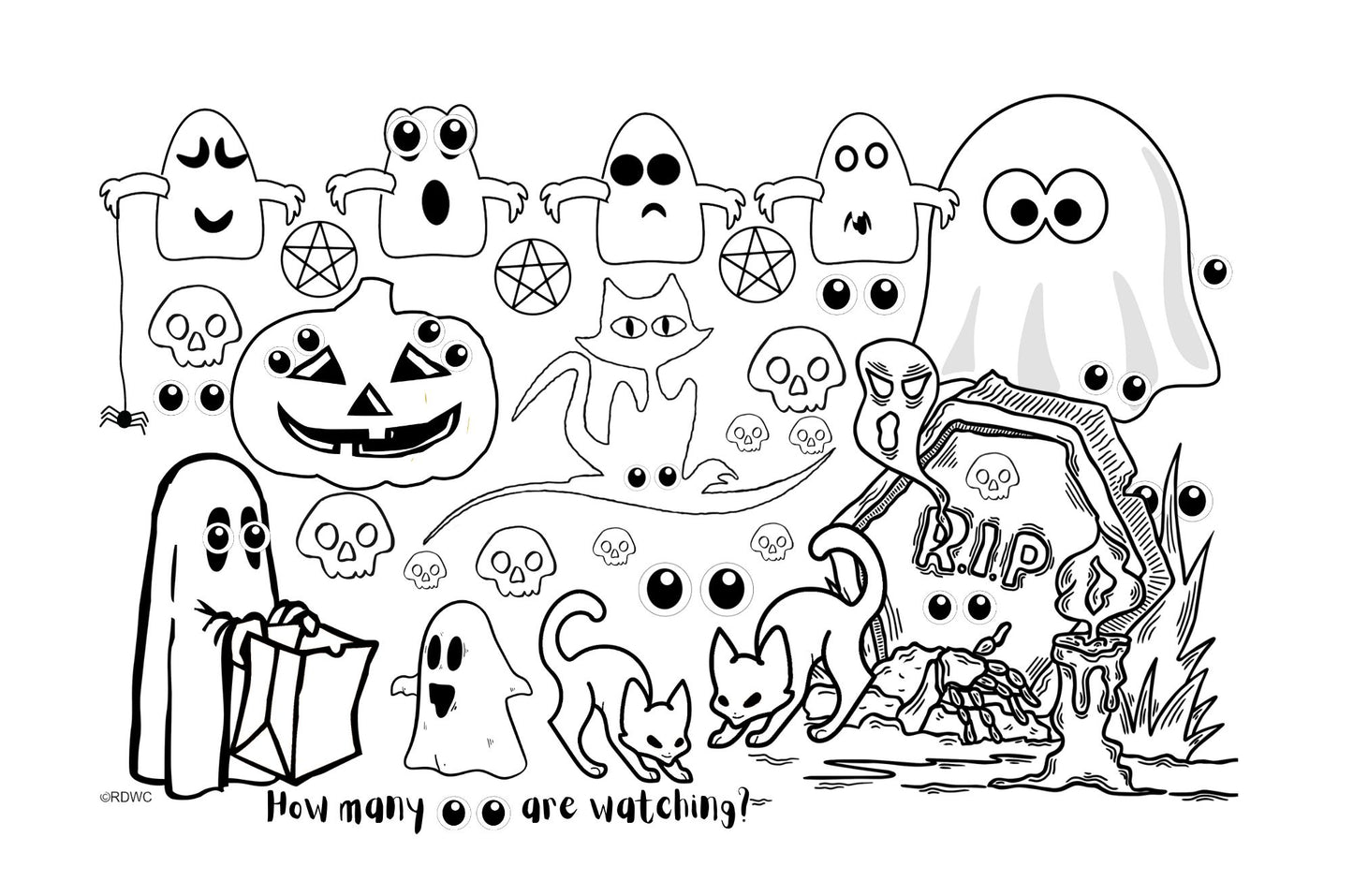 Halloween Activity / Coloring Placemat Set of 6 - 11"x17" downloadable PDF